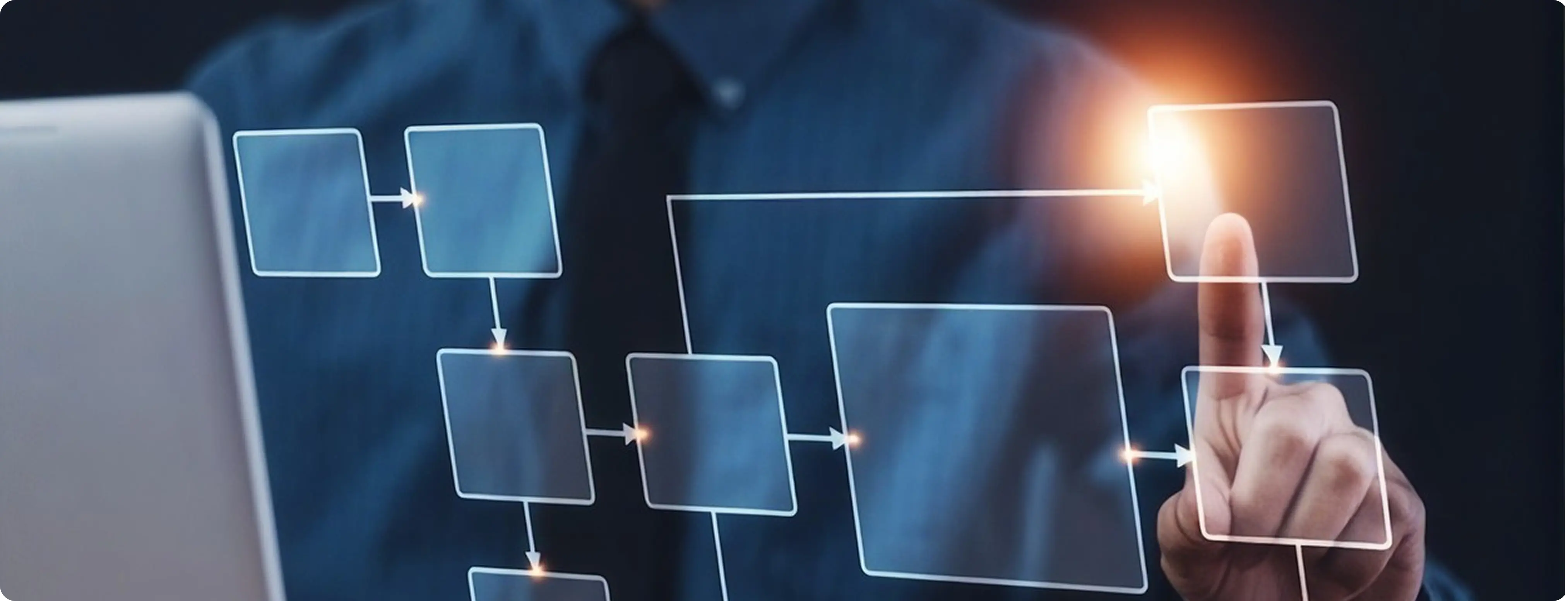 A person tapping a glowing workflow diagram of connected steps
