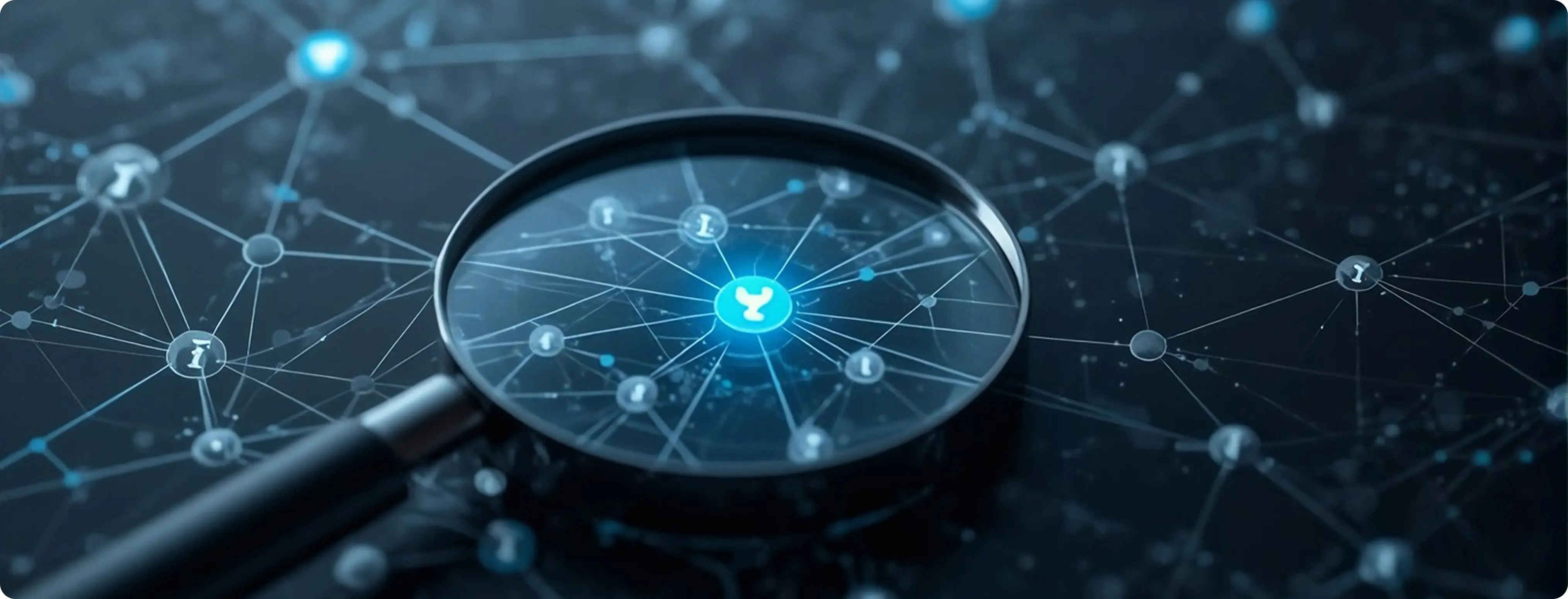 A magnifying glass inspecting a network of connected data points