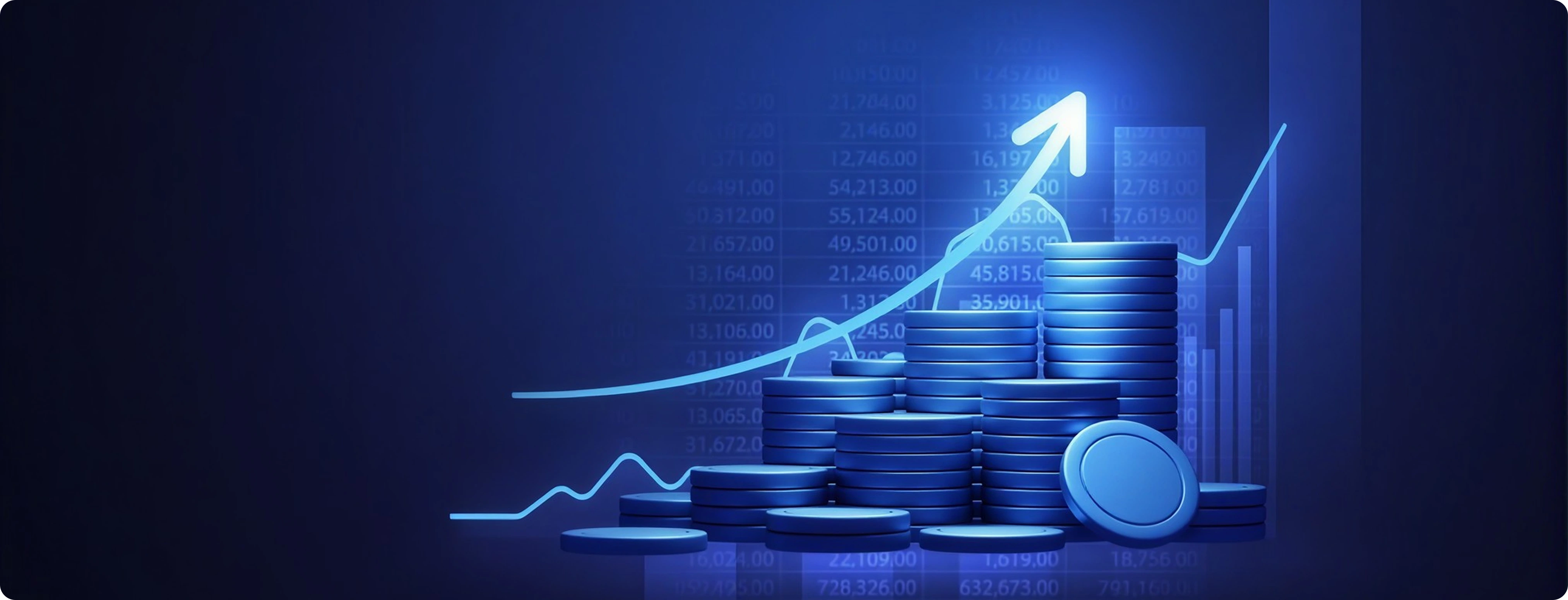 A rising growth chart above stacks of coins